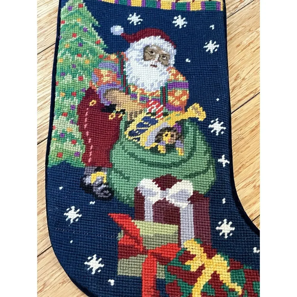 Vintage Needlepoint Stocking Santa w/Sack of Gifts Snowflakes Velvet Back 17.5”